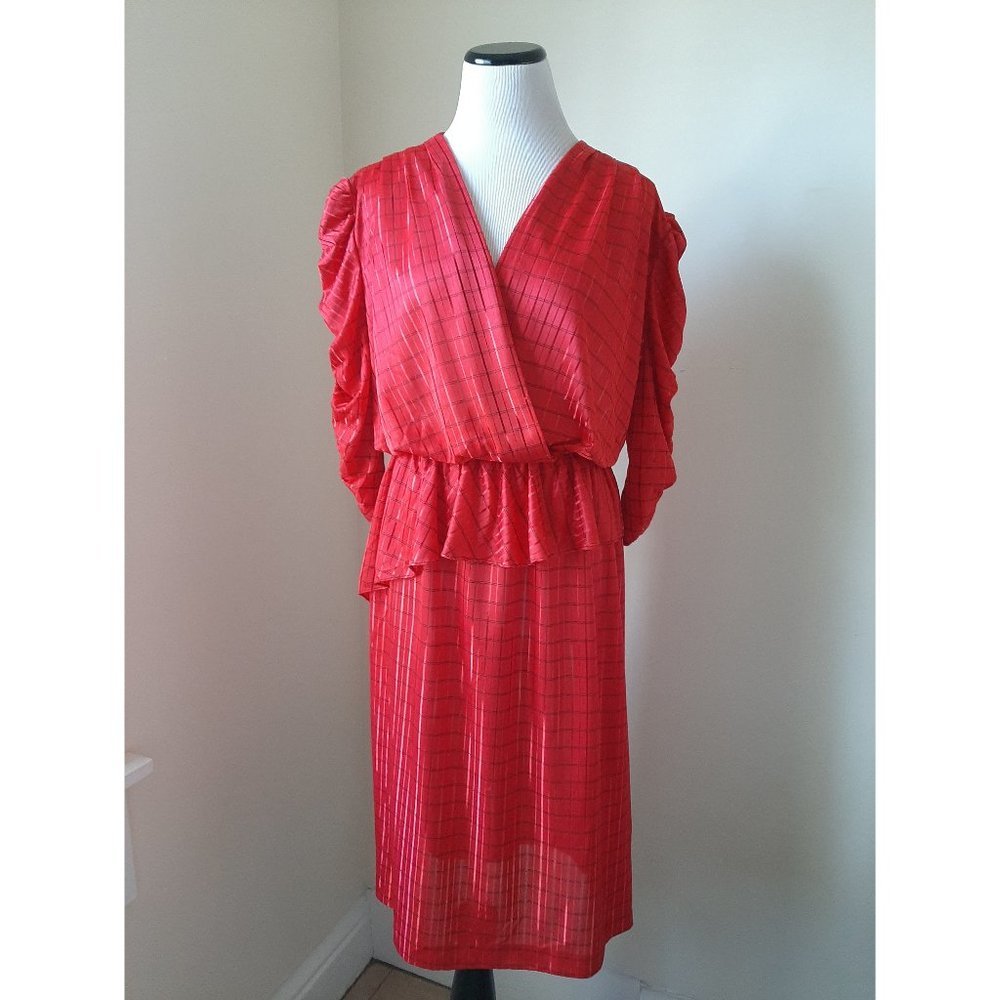 80s Red Window Pane Sheer Satin Peplum Ruffle Midi Dress